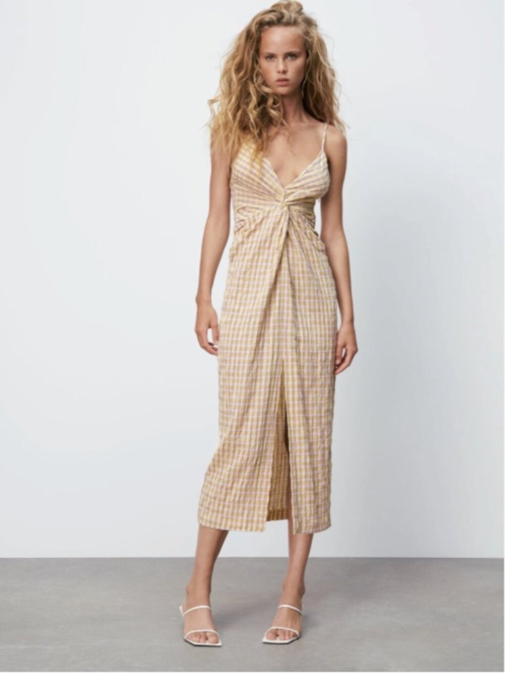 Zara Biege Gingham Midi Dress S